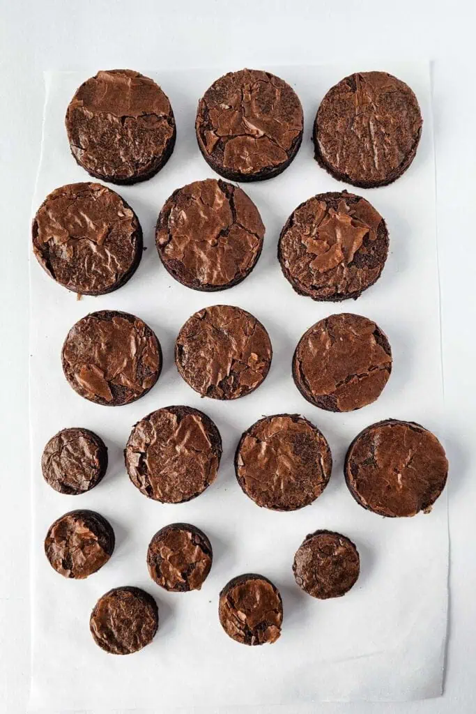 Round chocolate brownies of varying sizes arranged in neat rows on a sheet of white parchment paper.