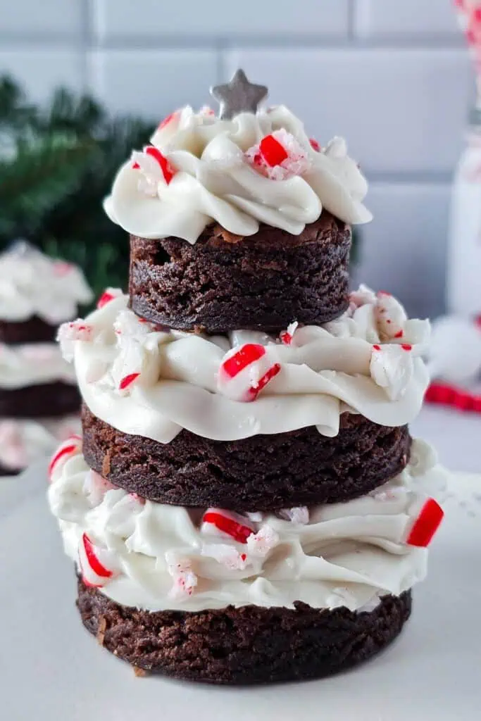 A three-tiered chocolate cake with white frosting and crushed peppermint candy, topped with a small silver star.