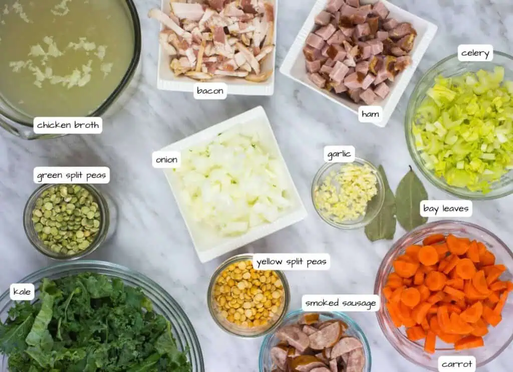 Ingredients for split pea soup are arranged on a countertop, labeled with names such as chicken broth, bacon, ham, celery, carrots, peas, onion, garlic, bay leaves, kale, and sausage.