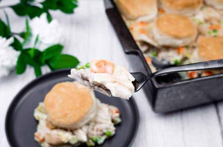 A fork holds a bite of creamy chicken and vegetables with biscuit topping, in front of a baking dish and plate with more of the casserole.