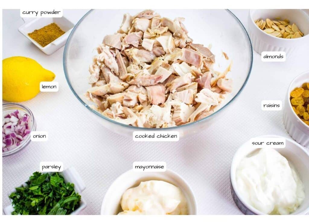 A bowl of cooked chicken surrounded by labeled ingredients: curry powder, almonds, lemon, raisins, sour cream, mayonnaise, parsley, and chopped onion.
