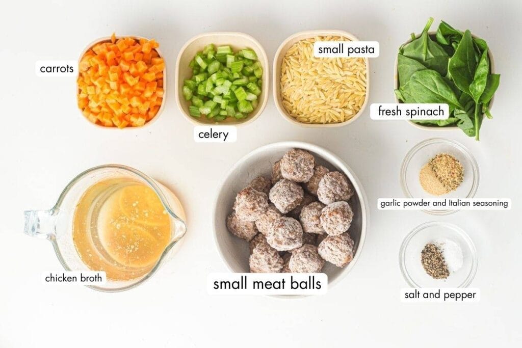 Top-down view of prepped soup ingredients: chopped carrots, celery, fresh spinach, small pasta, chicken broth, small meatballs, garlic powder with Italian seasoning, and salt and pepper.