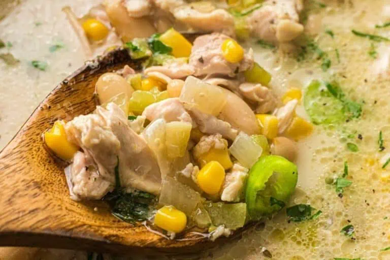 A wooden spoon holds chicken, corn, beans, and diced vegetables in a creamy soup garnished with herbs.