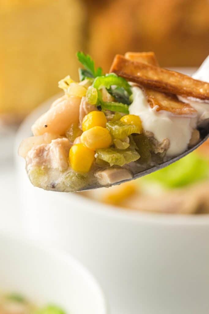 A close-up of a spoonful of chicken chili with corn, green chilies, beans, sour cream, parsley, and tortilla strips.