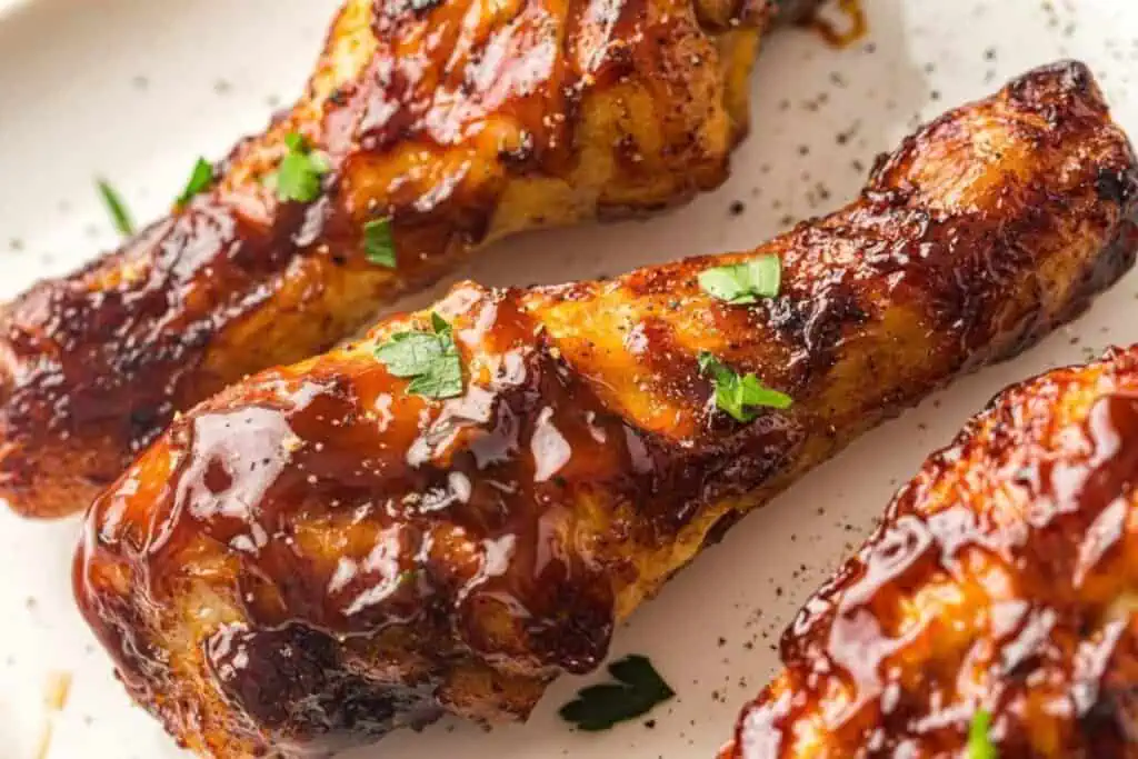 Close-up of glazed, grilled chicken drumsticks garnished with chopped parsley on a white plate, lightly sprinkled with black pepper.