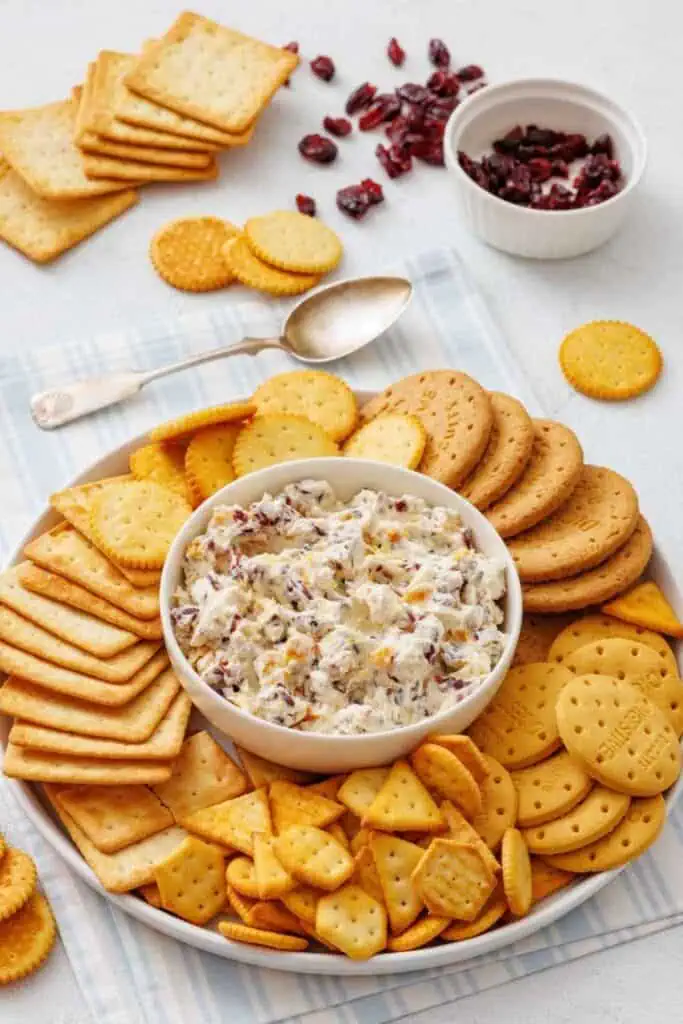 A platter of assorted crackers surrounds a bowl of creamy dip with visible cranberries and herbs; a spoon and a small bowl of dried cranberries are nearby.