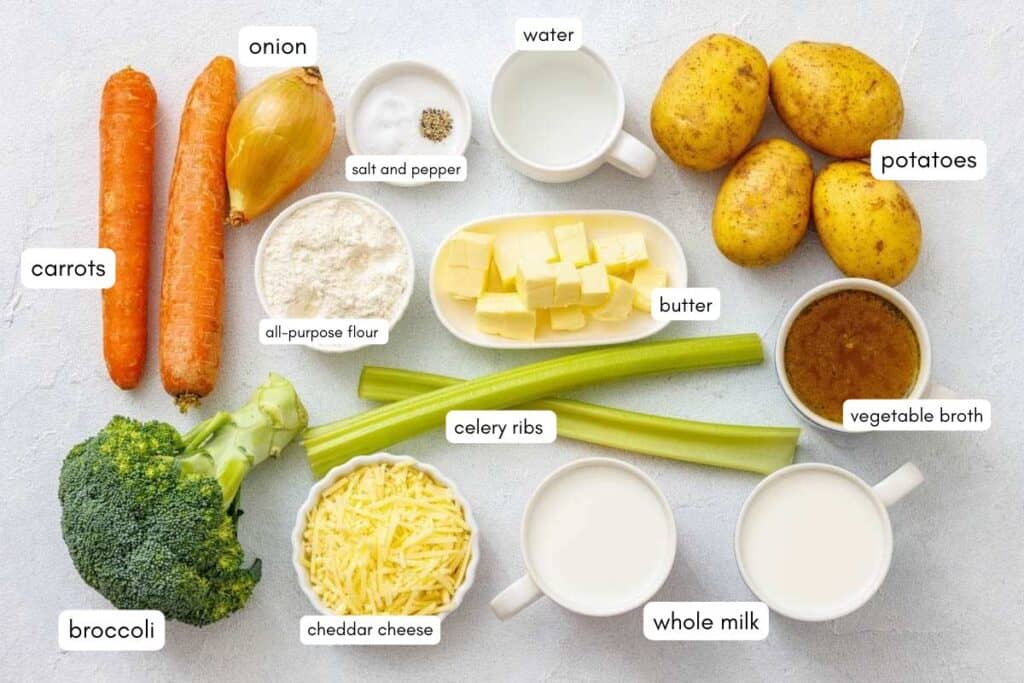Assorted soup ingredients on a countertop, including potatoes, carrots, onion, celery, broccoli, butter, flour, vegetable broth, water, milk, cheese, and seasonings.