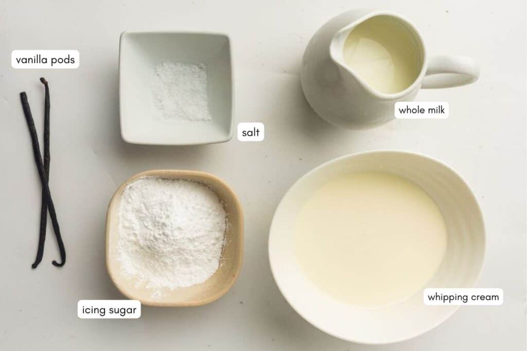 Top-down view of labeled ingredients for a recipe: vanilla pods, salt, whole milk, icing sugar, and whipping cream arranged on a white surface.