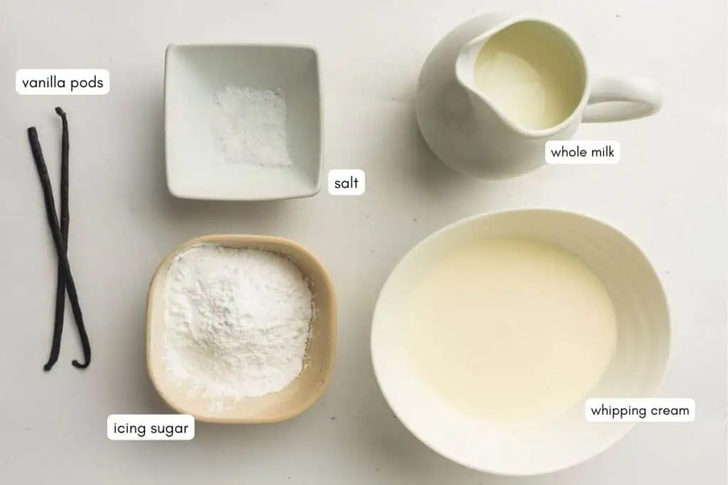 Top-down view of labeled ingredients for a recipe: vanilla pods, salt, whole milk, icing sugar, and whipping cream arranged on a white surface.