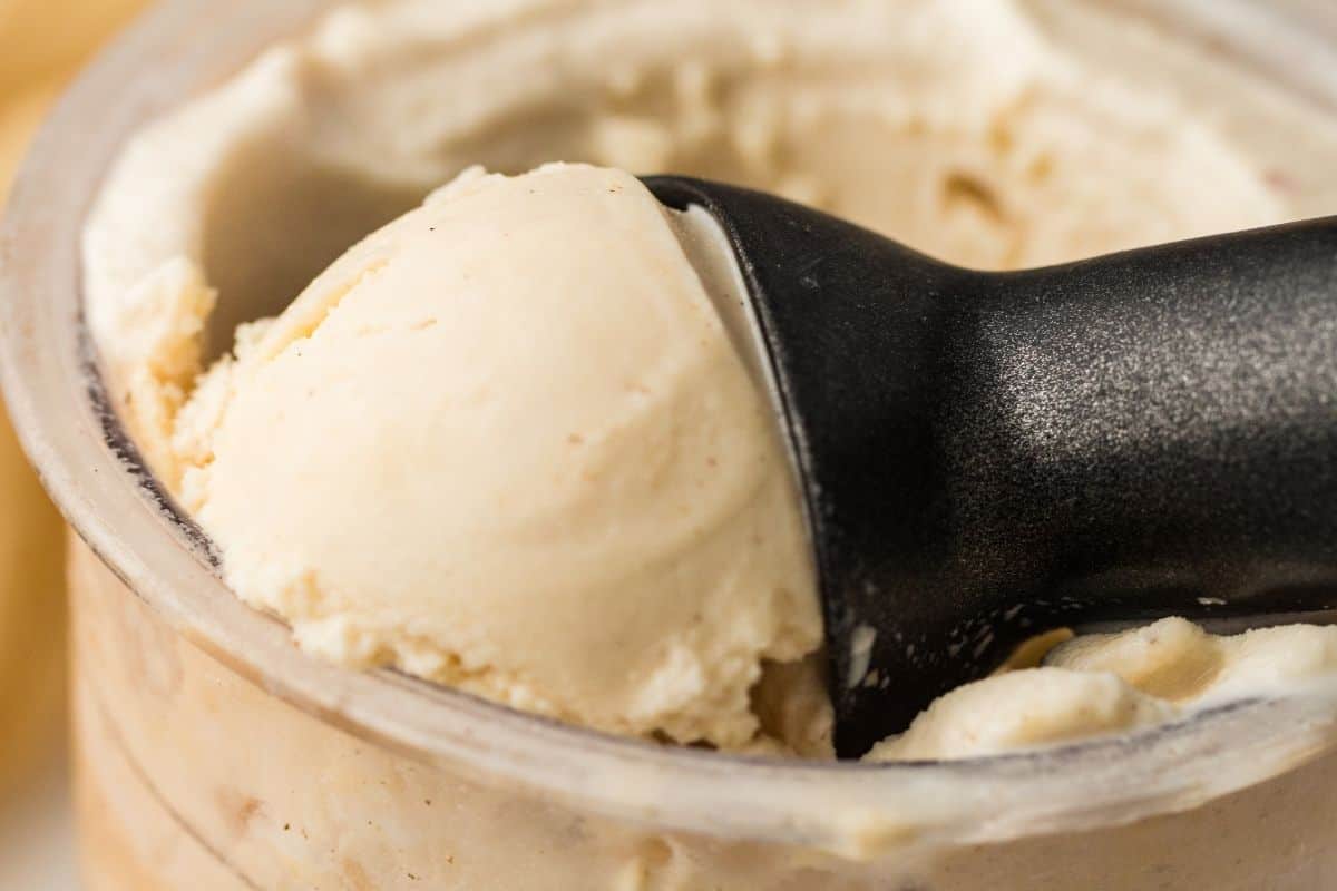 A close-up of a black ice cream scoop lifting vanilla ice cream from a container.