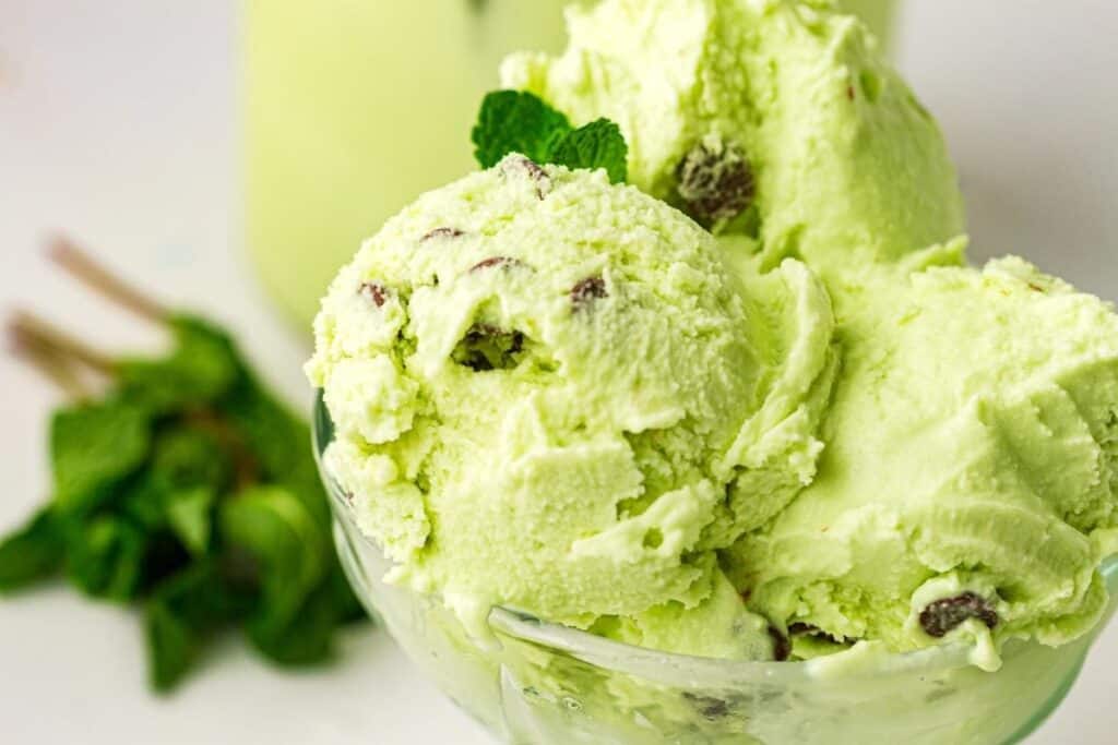 A glass bowl filled with scoops of mint chocolate chip ice cream, garnished with a sprig of mint, with fresh mint leaves in the background.