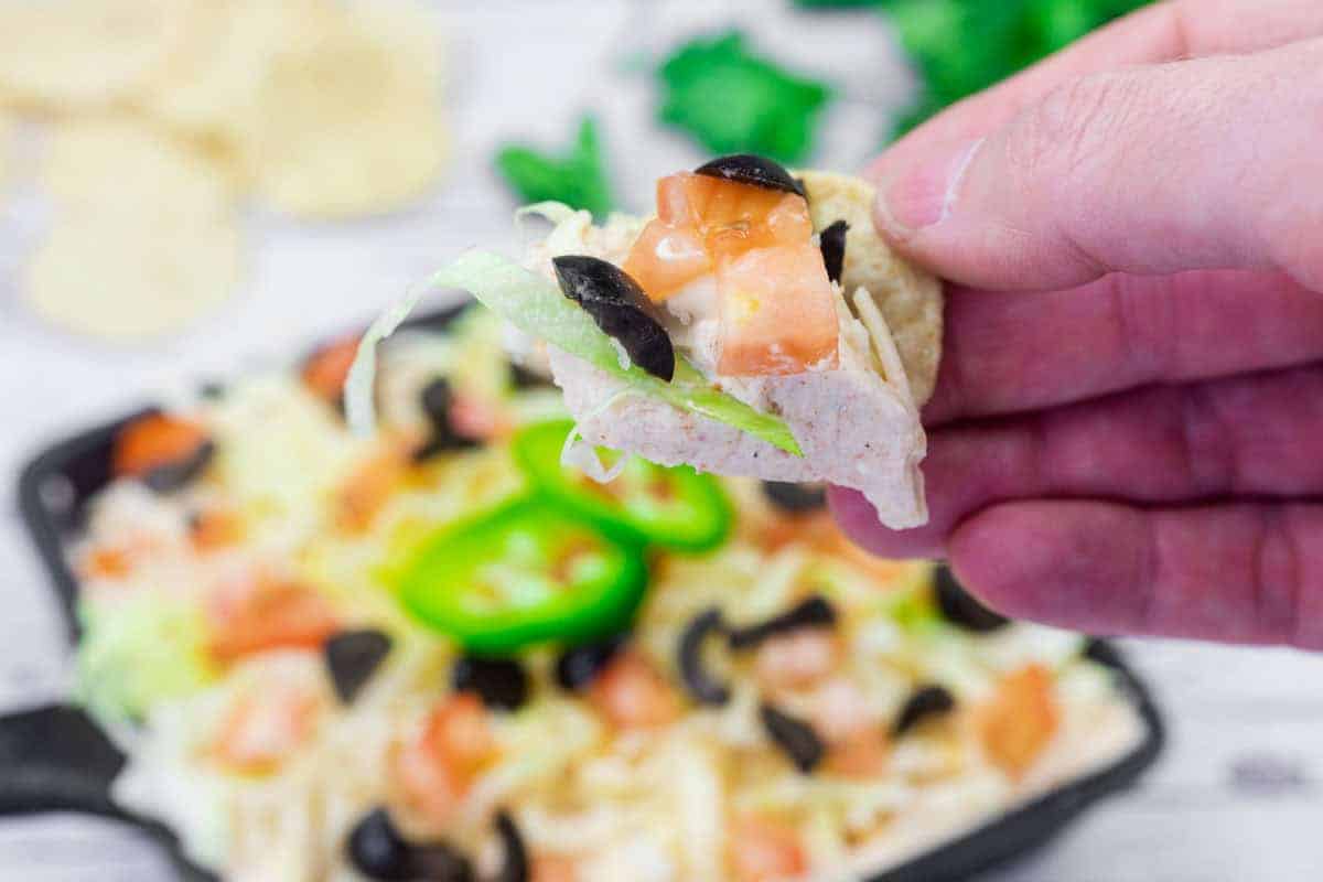 A hand is holding a chip topped with Tex-Mex taco dip above.