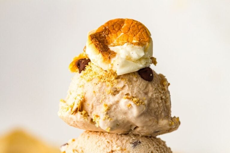 A scoop of S’mores ice cream topped with crushed graham crackers, chocolate chips, and a toasted marshmallow.