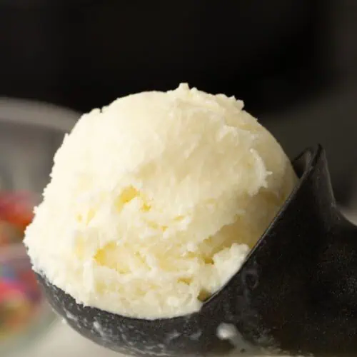 A close-up of a scoop of vanilla ice cream in a black ice cream scooper, with a blurred bowl of colorful sprinkles in the background.