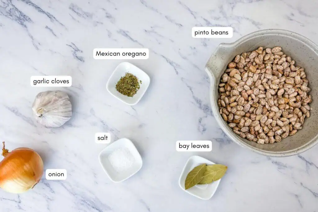 A bowl of pinto beans, whole garlic, an onion, Mexican oregano, salt, and bay leaves are arranged on a marble countertop, each ingredient labeled.