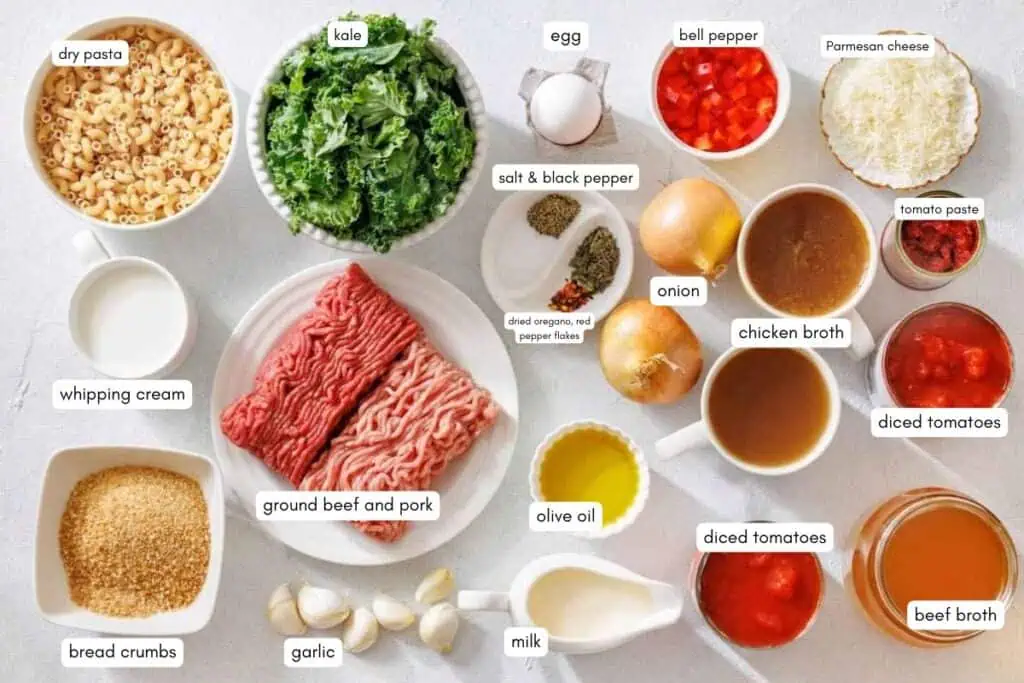 Ingredients for a recipe are arranged on a white surface, including ground beef and pork, vegetables, dairy, spices, dry pasta, and canned tomatoes, each labeled with text.