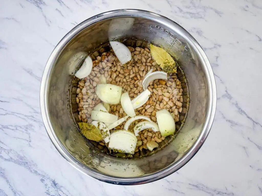 Overhead view of a metal pot containing dried beans, onion wedges, bay leaves, and spices submerged in water on a marble countertop.