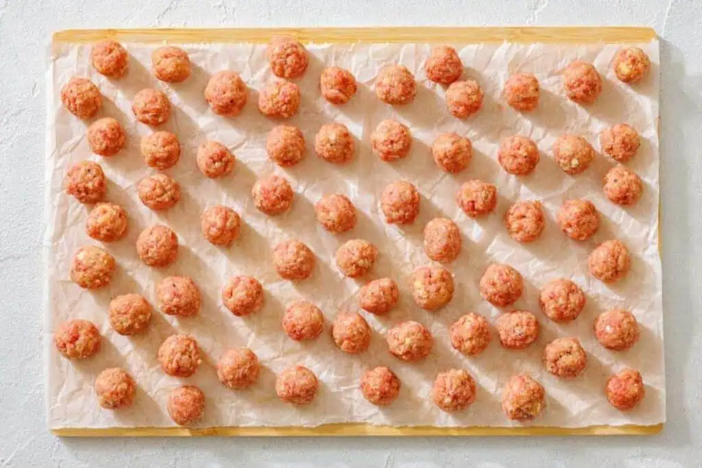 Raw meatballs arranged in neat rows on a parchment-lined baking sheet.