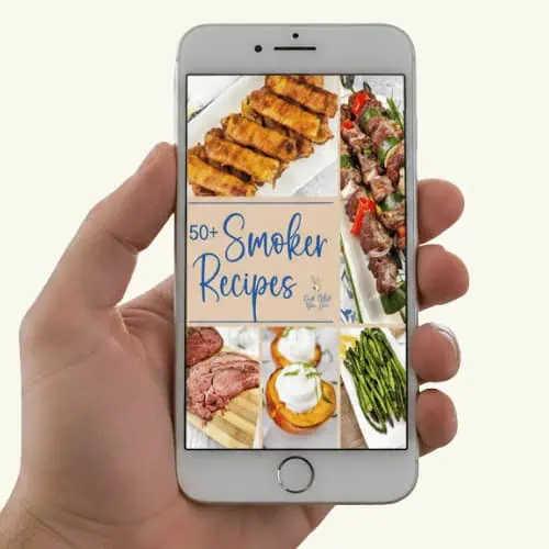 A hand holding a smartphone displaying a collage of smoked food dishes and the text "50+ Smoker Recipes.