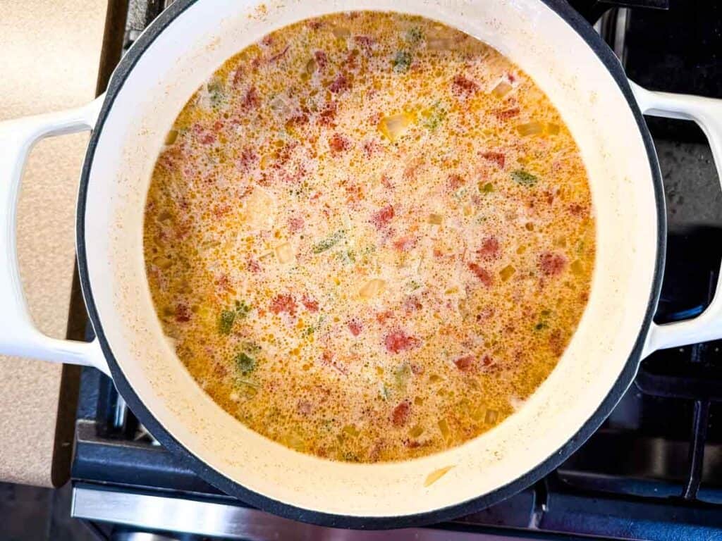 A pot of soup with visible diced tomatoes, onions, and green vegetables simmering on a stovetop.