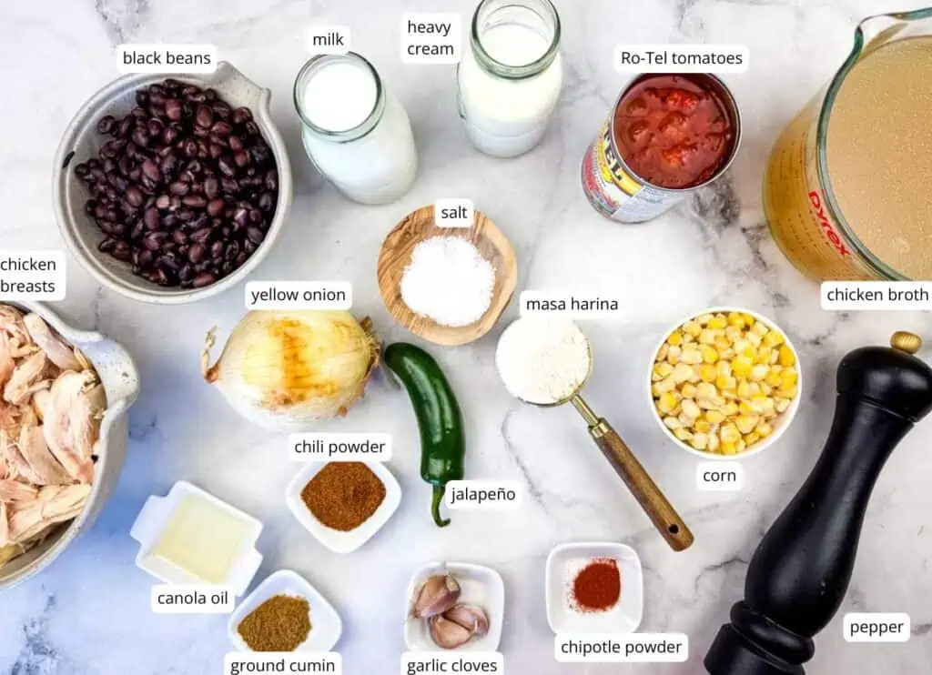 Various labeled ingredients for a soup or stew are arranged on a countertop, including chicken, beans, corn, onion, spices, dairy, canned tomatoes, and broth.