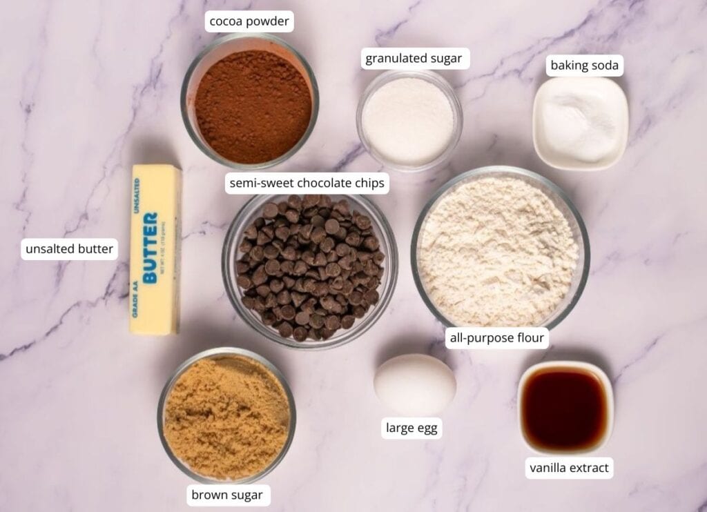 Top-down view of labeled baking ingredients: cocoa powder, granulated sugar, baking soda, unsalted butter, semi-sweet chocolate chips, all-purpose flour, brown sugar, large egg, and vanilla extract.