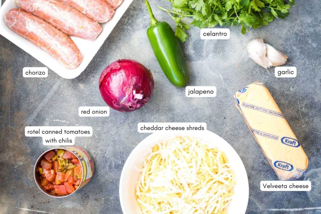 Labeled ingredients on a countertop: chorizo, red onion, Rotel canned tomatoes with chilis, cheddar cheese shreds, Velveeta cheese, jalapeno, cilantro, and garlic.