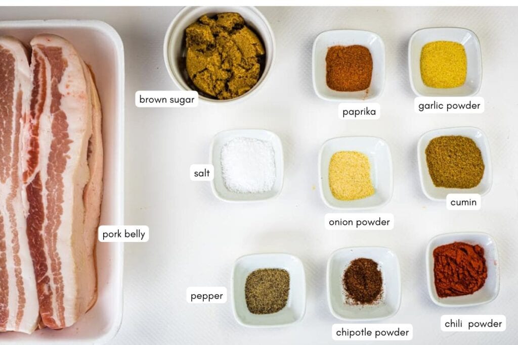 Raw pork belly in a tray next to small bowls containing brown sugar, paprika, garlic powder, cumin, onion powder, chipotle powder, chili powder, salt, and pepper on a white surface.