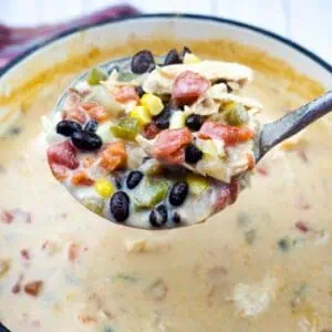 A ladle holds a serving of creamy soup with black beans, corn, tomatoes, green peppers, and shredded chicken over a pot of the same soup.