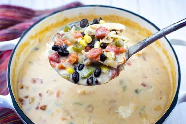 A ladle holds a serving of creamy soup with black beans, corn, tomatoes, green peppers, and shredded chicken over a pot of the same soup.
