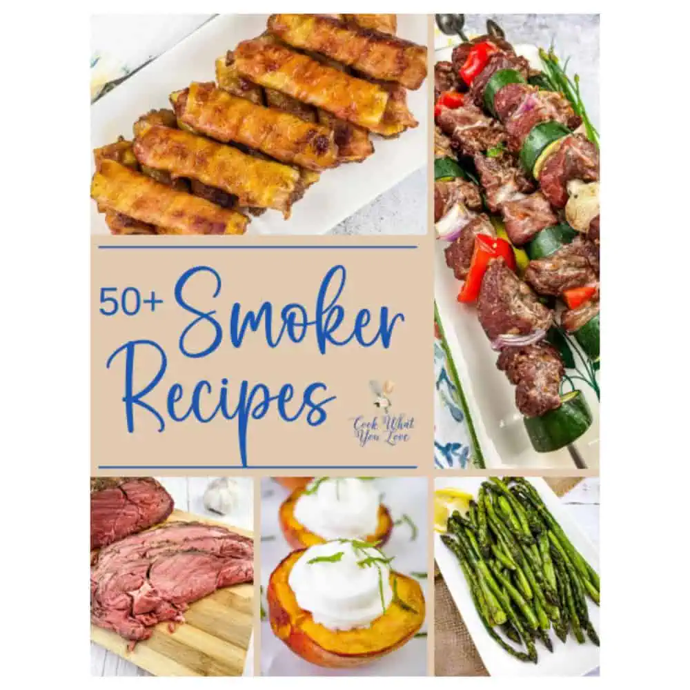 Collage of smoked dishes: bacon-wrapped appetizers, meat and vegetable skewers, sliced roast beef, smoked peaches with cream, and grilled asparagus, with text "50+ Smoker Recipes.