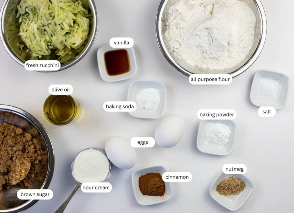 Ingredients for zucchini bread, including shredded zucchini, flour, brown sugar, eggs, olive oil, sour cream, vanilla, baking soda, baking powder, salt, cinnamon, and nutmeg are displayed.