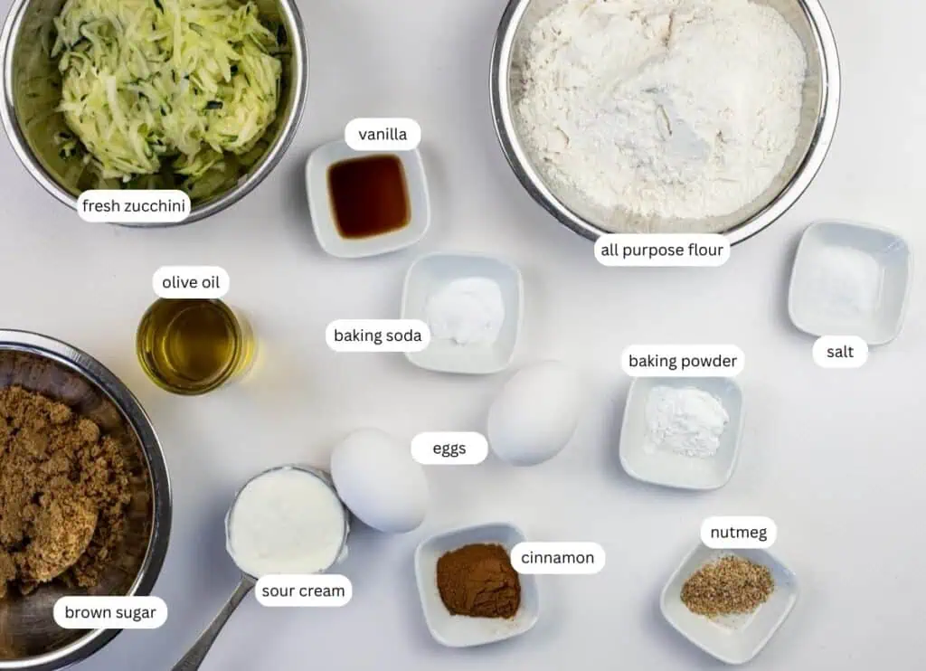 Ingredients for zucchini bread, including shredded zucchini, flour, brown sugar, eggs, olive oil, sour cream, vanilla, baking soda, baking powder, salt, cinnamon, and nutmeg are displayed.