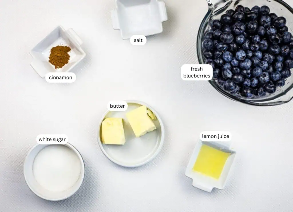 Several labeled ingredients arranged on a white surface, including fresh blueberries, butter, white sugar, cinnamon, salt, and lemon juice.