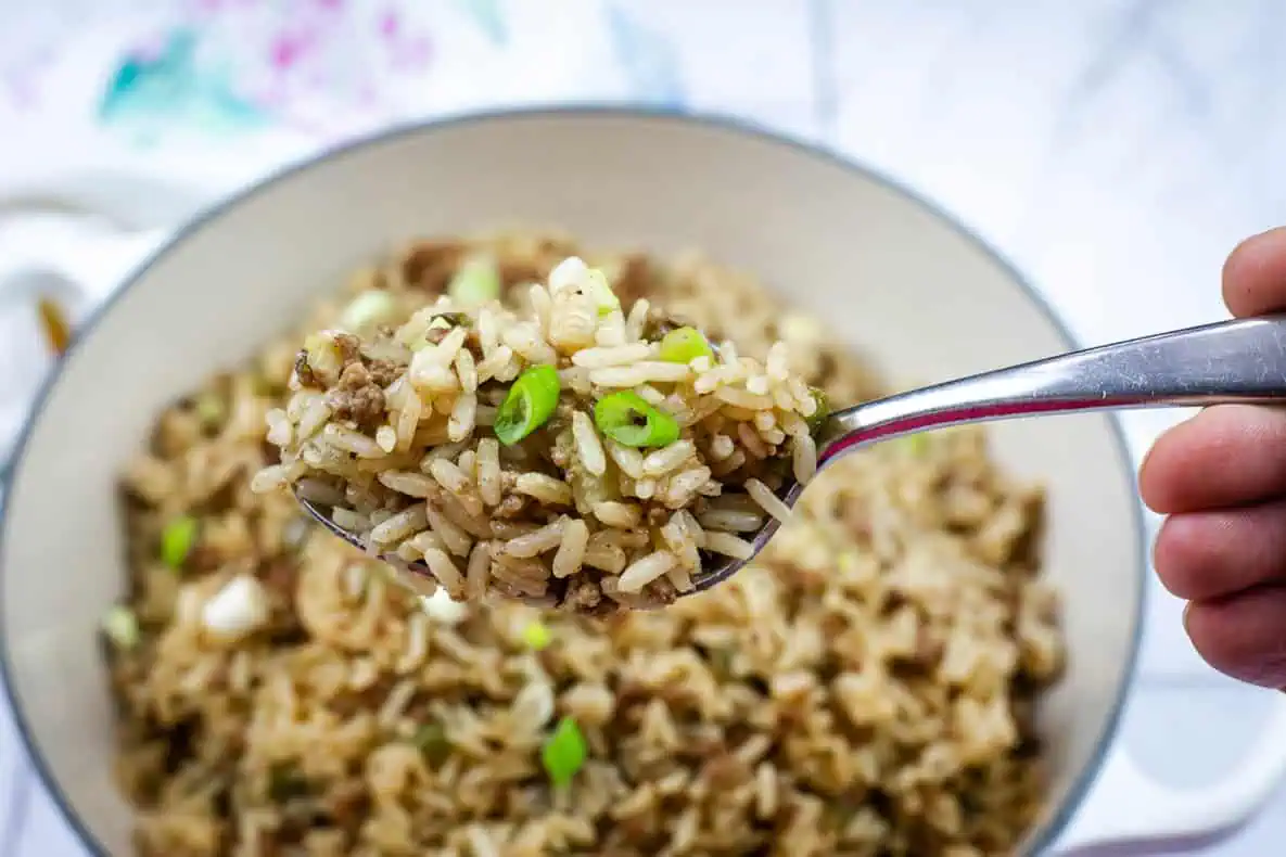 A close-up of a spoon holding dirty fried rice mixed with ground meat and sliced green onions above a pot of the same dish.