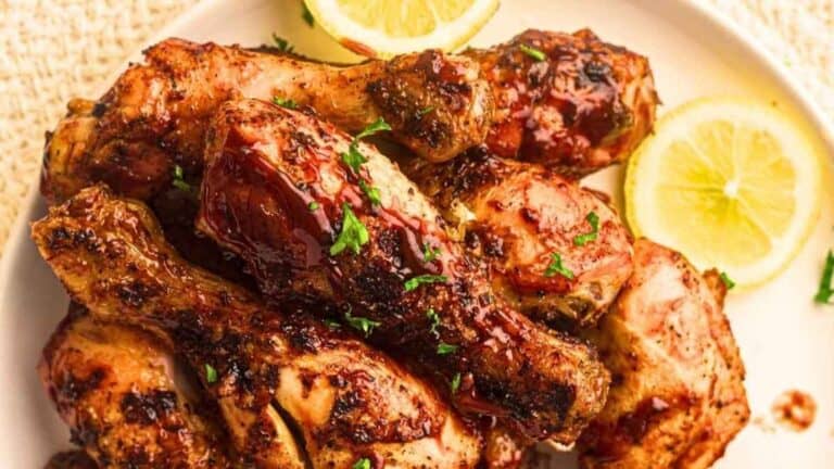 Grilled chicken drumsticks coated with spices and herbs on a white plate, garnished with lemon slices and chopped parsley.