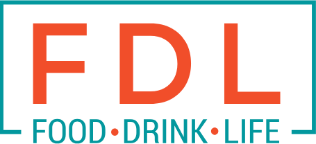 FDL logo with large orange letters and the words "Food • Drink • Life" in teal below, all inside a teal rectangular border on a light background.