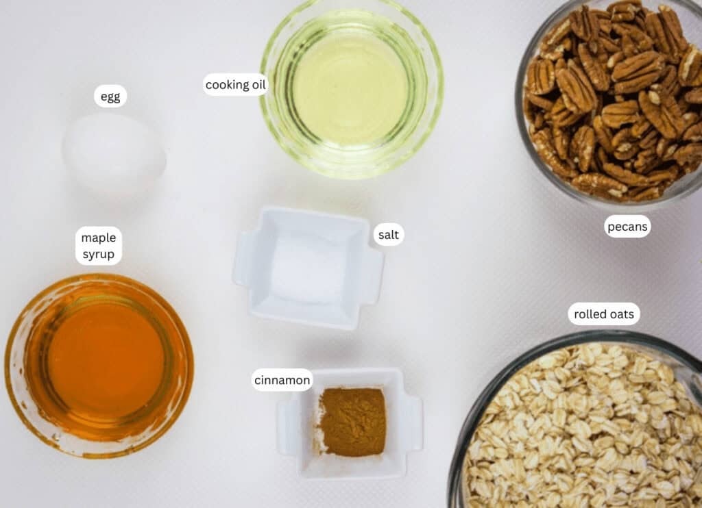Flat lay of labeled ingredients including an egg, cooking oil, pecans, maple syrup, salt, cinnamon, and rolled oats on a white surface.
