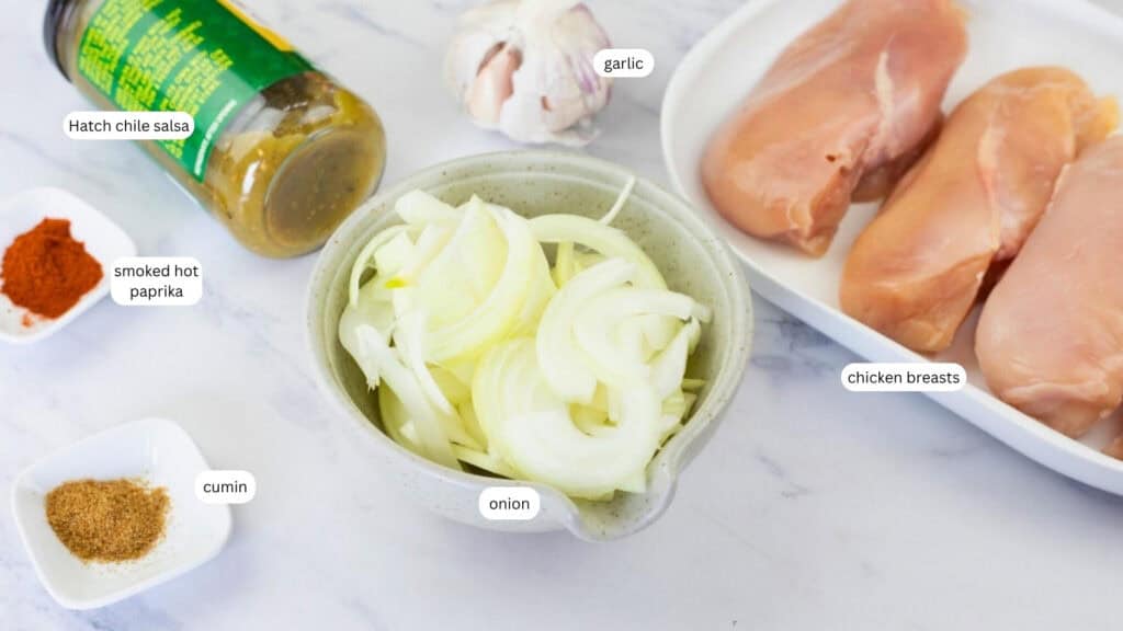 Raw chicken breasts, sliced onions, a head of garlic, a bowl of green salsa, and small dishes of smoked paprika and cumin are arranged on a white surface.