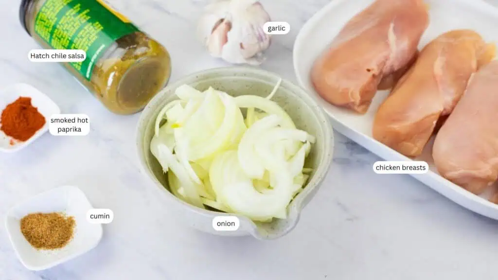 Raw chicken breasts, sliced onions, a head of garlic, a bowl of green salsa, and small dishes of smoked paprika and cumin are arranged on a white surface.