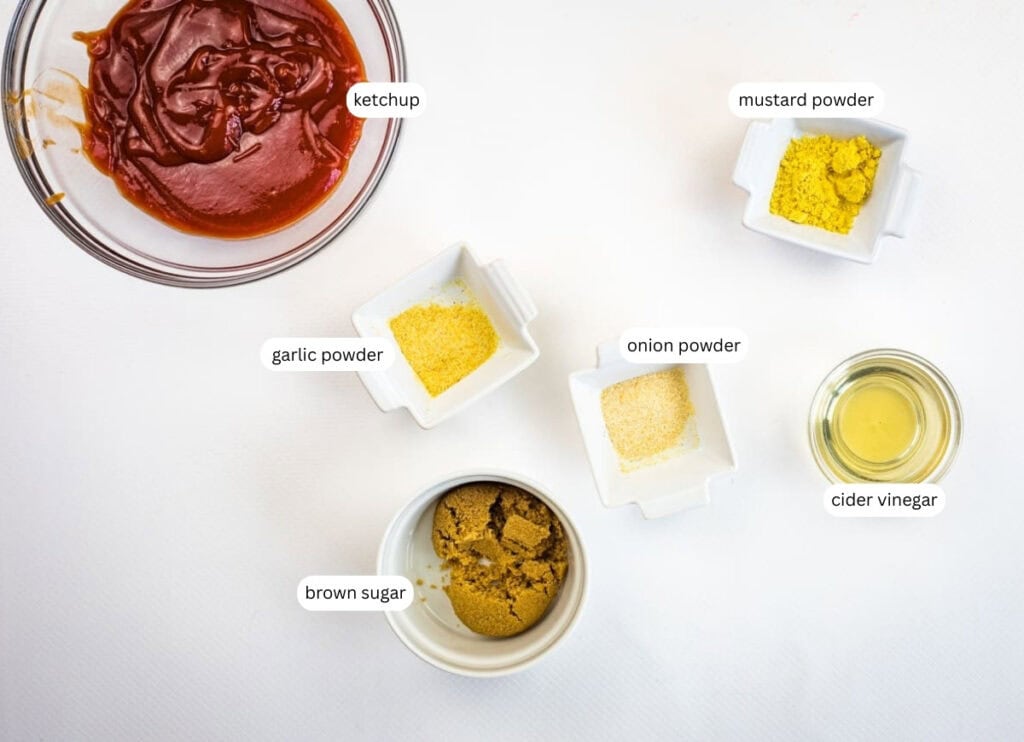 Ingredients for smoked meatloaf sauce with labels.