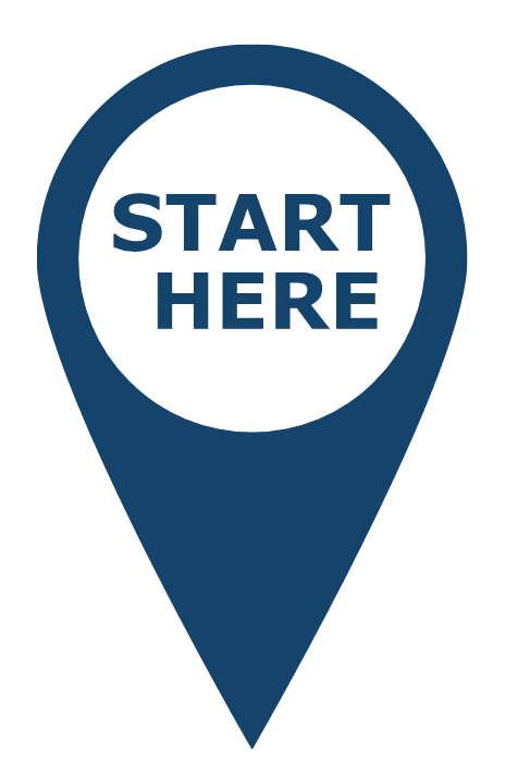 A blue map pin icon with the words "START HERE" in bold capital letters inside a white circle at the center.