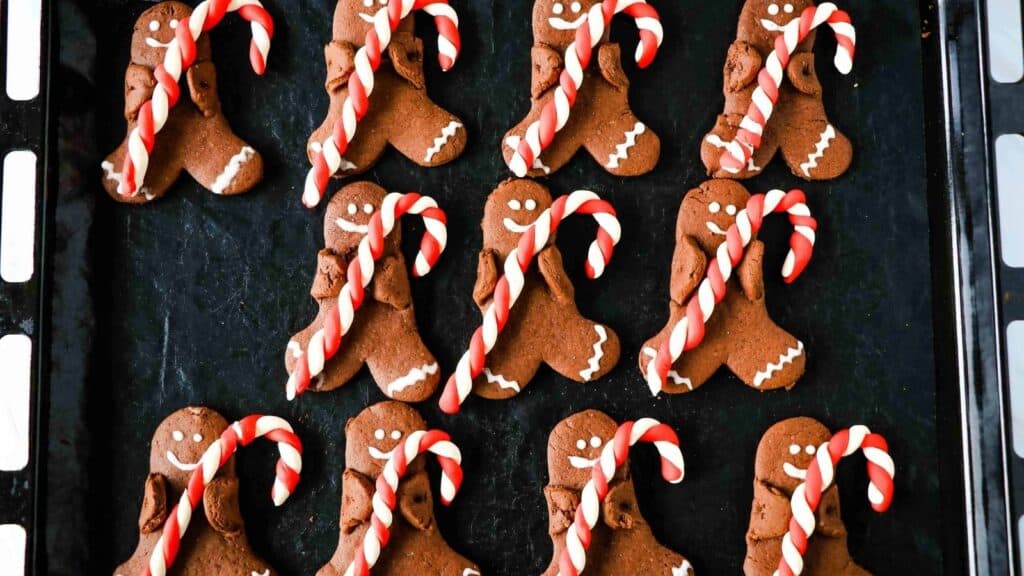 A baking tray with rows of gingerbread cookies decorated with white icing, each holding a red and white striped candy cane.