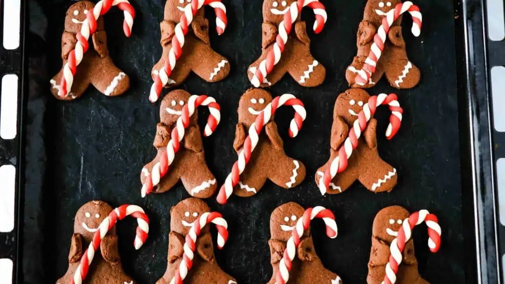 A baking tray with rows of gingerbread cookies decorated with white icing, each holding a red and white striped candy cane.