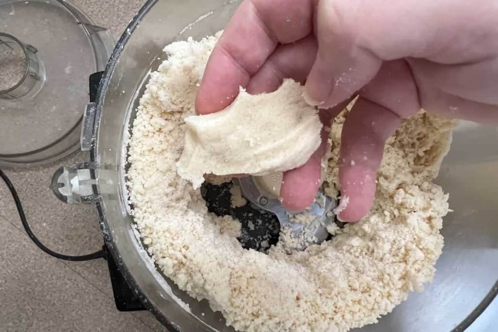 A hand holds a clump of crumbly dough over a food processor filled with more dough mixture.