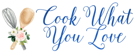 Illustration of a whisk and wooden spoon with flowers next to the phrase "Cook What You Love" in blue cursive font.