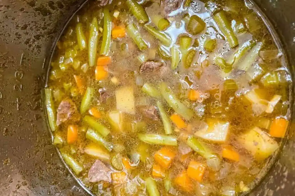 A pot of beef and vegetable stew with green beans, carrots, potatoes, and chunks of beef in broth.