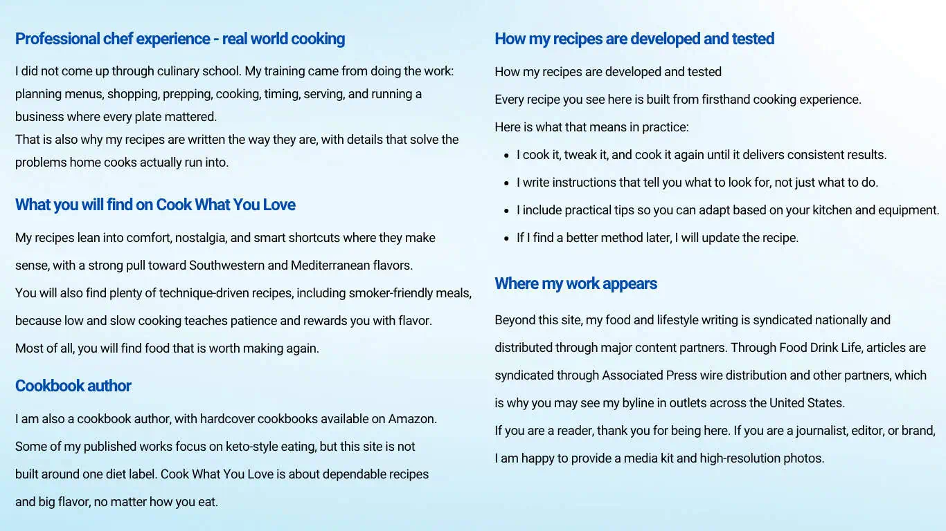 Screenshot of a website section with headings on chef experience, cookbook authorship, recipe development, and writing work, all in blue font on a light blue background.