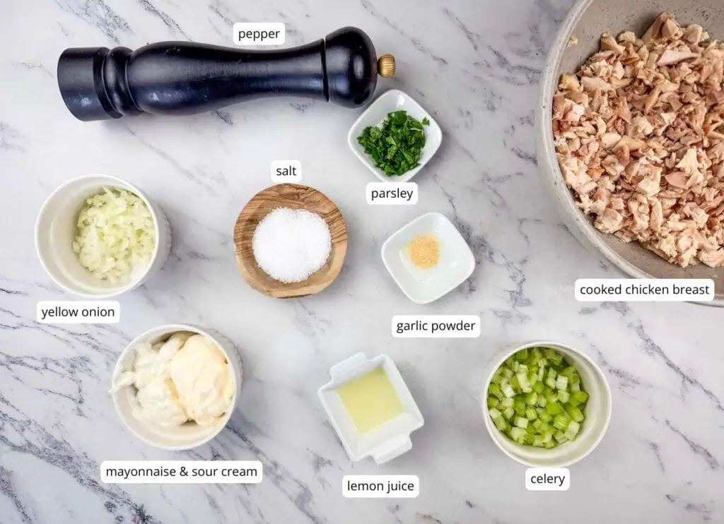 Ingredients for chicken salad, including cooked chicken breast, celery, lemon juice, mayonnaise and sour cream, yellow onion, salt, pepper, parsley, and garlic powder, arranged on a marble surface.