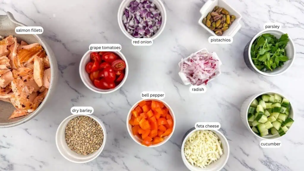 Overhead view of labeled ingredients in bowls: salmon fillets, grape tomatoes, dry barley, red onion, bell pepper, radish, feta cheese, pistachios, parsley, and cucumber on a marble surface.